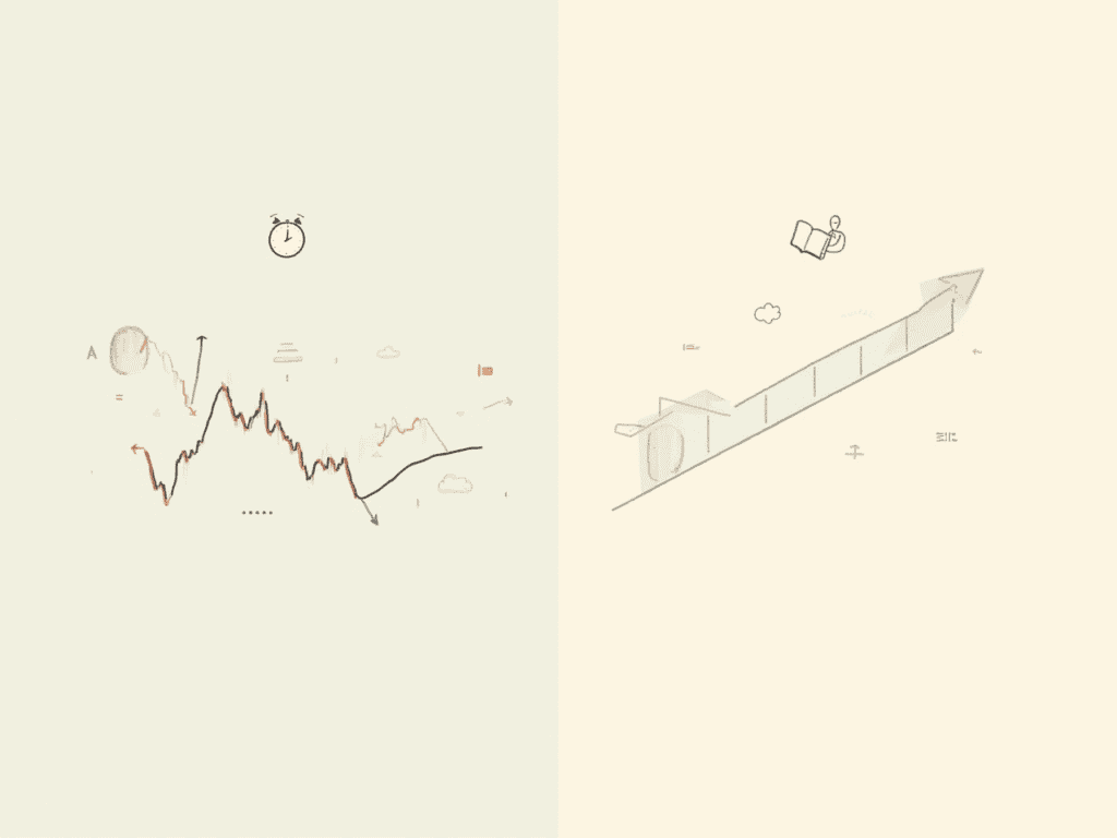 Comparativa de inversión activa y pasiva con iconos de gráficos y relojes